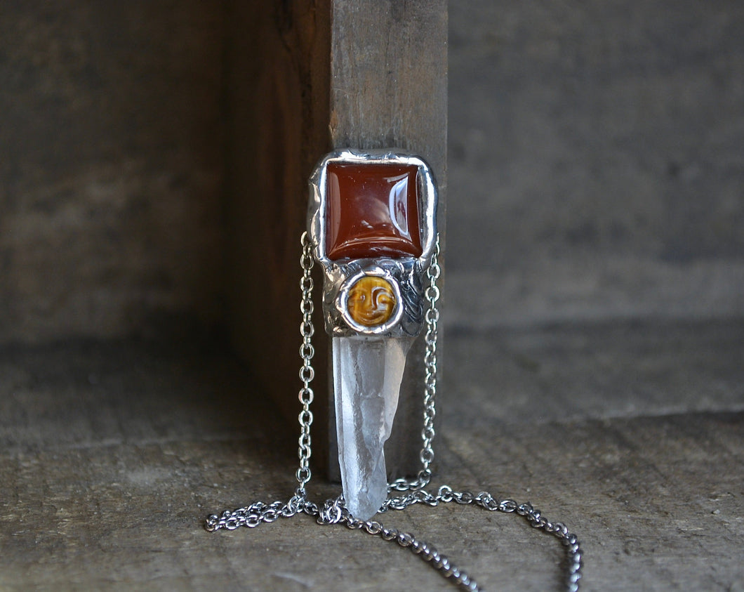 Carnelian Tigers Eye Quartz Point Necklace