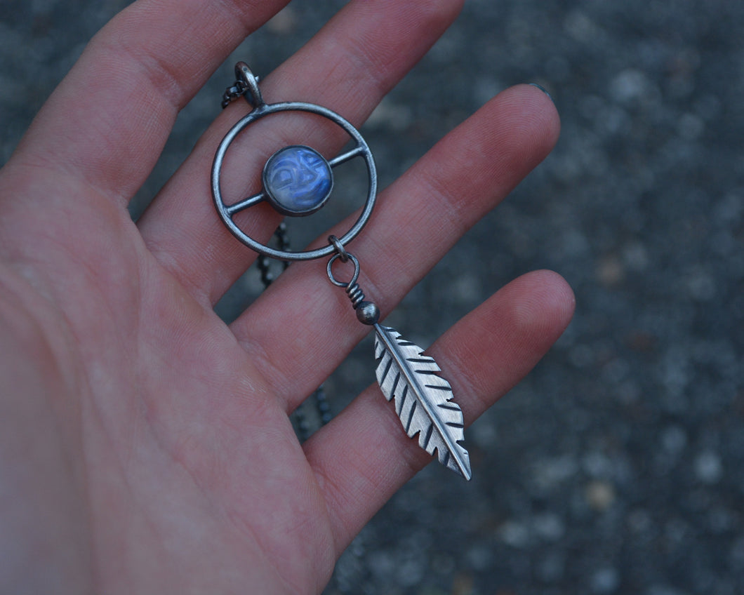 Man in Moonstone Feather Balance Necklace